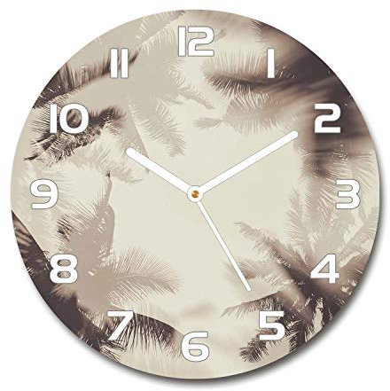 Tulup Glasuhr ⌀ 60cm - weißen Zeigern - Wanduhr Wandkunst Bild Gehärtetem Glas Uhr Echtglas Küche Wohnzimmer - Palmen