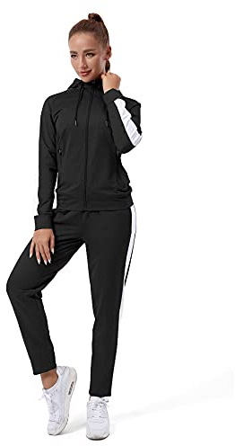 TEZO Damen-Trainingsanzug-Set mit durchgehendem Reißverschluss, langärmelig, lässig, Jogginganzug, Workout, Fitnessstudio, 2-teiliges Outfit mit Taschen, schwarz/weiß, XX-Large