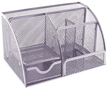 Sinxioer Schreibtisch Organizer,Mesh Metall Büroablage mit Stiftehaltern & Schublade, 6 Sortierfächer für Stifte, Stifthalter, Hefter,Haftnotizen, büro organizer(Silber)
