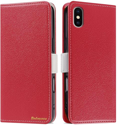 Butnyeoe Coque pour iPhone X Rabat,Housse iPhone XS Clapet,Portefeuille Etui avec Fonction Support et Porte-Carte,Litchi Texturé Cuir/Antichoc Flip Cover Case.Rouge