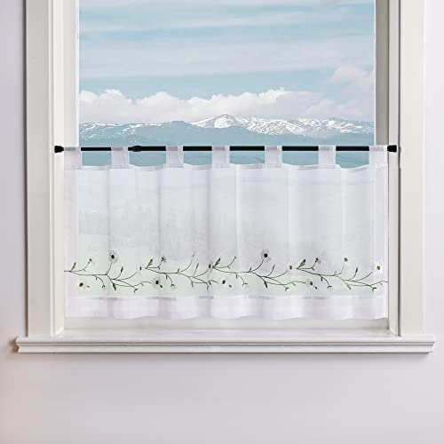 Delien Voile Scheibengardine Transparente Bistrogardinen Landhaus Kurz Vorhang Modern »Daisy« Kurzstores mit Blumenstickerei Küchengardinen mit Schlaufen BxH 120x30cm,Weiß