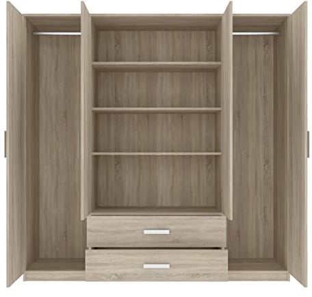 Oggi Armario de 4 Puertas SARAVENA 2 cajones 4 estantes Ancho 200 cm Alto 200 cm Tablero Laminado de diseño Moderno para salón Dormitorio Estudio Roble Sonoma