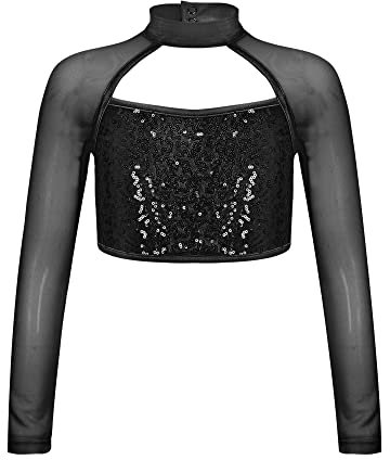 Mufeng Girls Glitter Sequins Dance Crop Tops Mesh Spliced Long Sleeve T-Shirt Ballet Jazz Hip Hop Dance Costume Black 9-10 Years