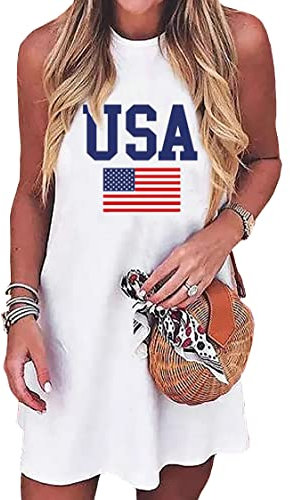 jusgai Amerikanische Flagge Minikleid Damen USA Sterne Streifen Patriotisches 4. Juli Tank Kleid Strand Sonnenschein Kleid, Weiß-2, Mittel