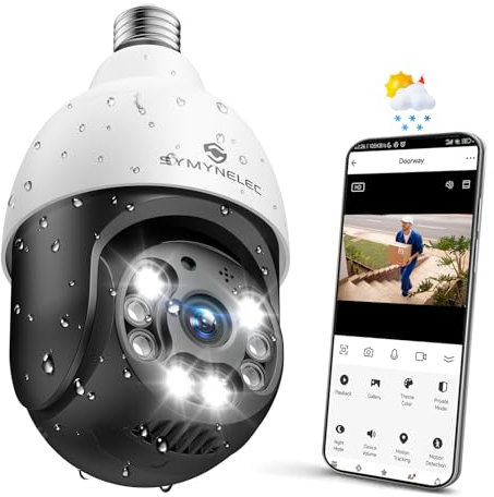 SYMYNELEC - Outdoor Security Light Bulb, Waterproof 2.5K 2.4GHz Wireless WiFi with AI, Human Motion Detection, 4MP Tracking, Night Vision Siren Alarm, Works with