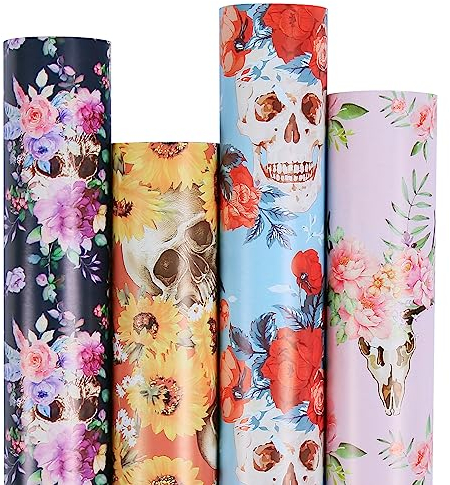 Aimyoo Geschenkpapier-Set mit Totenkopf-Blumenmuster, Rosa, Rose, Sonnenblume, lustiges Geschenkpapier, 43,2 cm x 4,8 m pro Rolle
