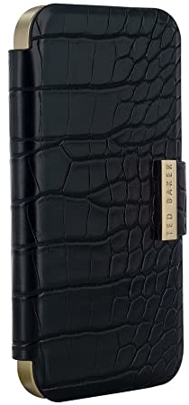 Ted Baker KHAILIM Black Croc Dual Card Slot Folio Phone Case for iPhone 14 Pro Max Gold Shell