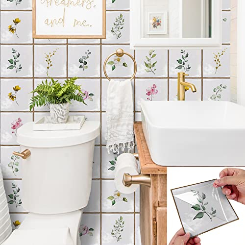 Alwayspon 10 adesivi retrò per piastrelle bianche e foglie verdi, spessore 0,6 mm, autoadesivi, paraspruzzi per scale, piastrelle adesive per cucina, bagno, parete