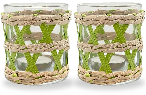 Geflochtener Rattan-Teelichthalter, 2 Stück, Seegras, handgewebt, Grün und Braun, Votivkerzenhalter, Glas, Hurricane, Innen- und Außenbereich, für Zuhause, Esstisch, Urlaubsdekoration