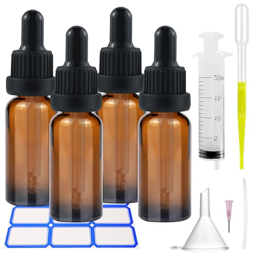 Impoditiongs 4 Stück 50ml Pipettenflasche, Tropfflasche Braunglasflaschen Set inkl kleine Glasflaschen Tropfer Trichter Spritze, für Ätherische Öle Parfüm Lösungen DIY-Probenmischungen (Braun, 50ml)