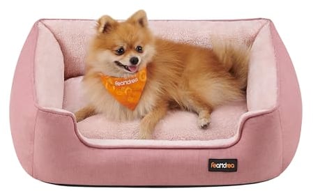 Feandrea Panier pour Chiens, Lit pour Animaux, Canapé, en Tissu Façon Lin, Bords Rehaussés, Antiglisse, Housse Amovible Lavable, Taille M pour Petits Chiens, 70 x 55 x 21 cm, Rose Bonbon PGW010R01