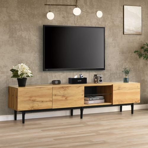 SogesHome Mueble de TV con diseño moderno de grano de madera, 5 espacios de almacenamiento, 3 puertas, luces LED variables, 175 x 31 x 41 cm, 3120AAN-HO