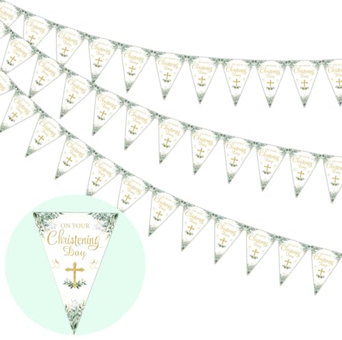 Cheereveal Taufdekorationen Salbeigrün, 3 Stück Taufbanner, 36 Stück Taufwimpelkette, Erste Heilige Kommunion Konfirmation Dekor für Jungen Mädchen, Taufe Tag Party Supplies