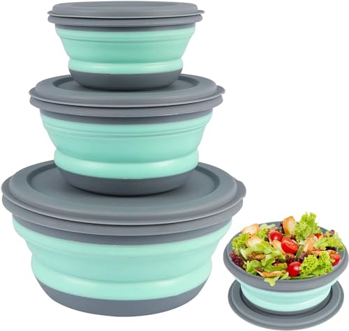 Kedisec Bol pliable de camping, 3 pièces en silicone pliable bol portable à lunch, pique-nique bol saladier avec couvercle pour cuisine camping en plein air (300 ml+600 ml+900 ml) (vert)