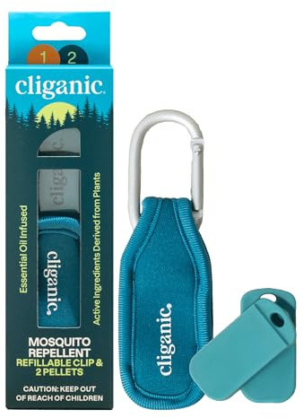 Cliganic Mosquito Repellent Pack (1 Clip + 2 Refill Pellets) - Natural DEET-Free, Essential Oil Infused