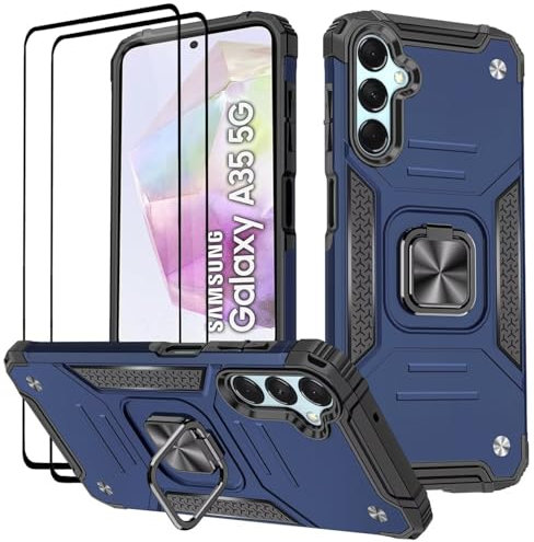 KANSi Cover per Samsung Galaxy A35 5G, Vetro Temperato [2 Pack] Custodie Silicone TPU 360° Rotante Anello Magnetica Anello Ring Supporto Bumper - Blu