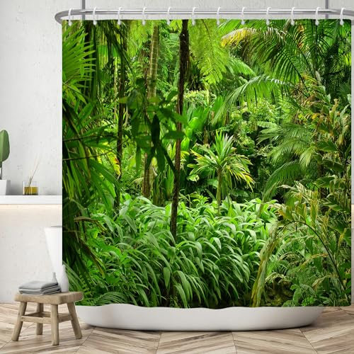 ASDCXZ Dschungel Duschvorhang 180x200 cm, Natürlich Landschaft Grün Dschungel Wald Tropisch Pflanze Bad Waschbar Duschvorhänge Polyester Textil Wasserdicht Badevorhang für Badewanne mit 12 Haken