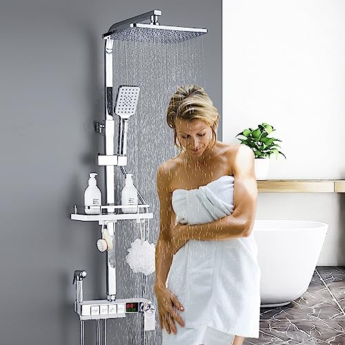 Dnkelar Duschsystem, Duschstange Höhenverstellbar, Duschset mit Mischbatterie, Duschsystem mit Regendusche, Regal und Handbrause mit 3 Strahlarten (Thermostat-LED Display-Silber-4)