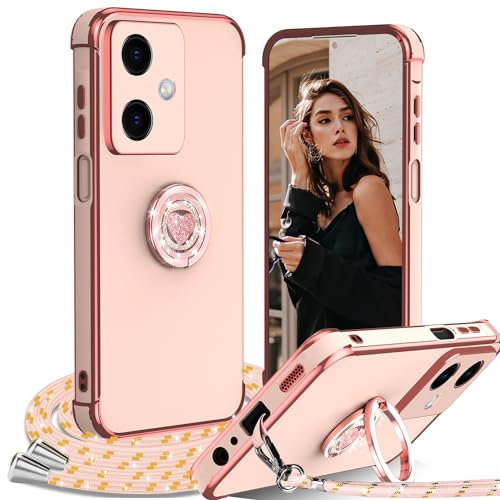 IBETEK Coque avec Cordon pour Xiaomi Redmi Note 13 Pro+ Plus 5G, avec Anneau de Support Coeur,Étui Housse Antichoc Souple Silicone TPU Bumper Portable Protection Case avec Amovible Collier, Rose