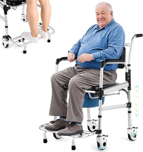 Hybodies 【Vergrößerter Roll-Duschstuhl】4-in-1 bariatrischer Toilettenstuhl für ältere Menschen, nach Operationen, verstellbarer Duschrollstuhl mit Sicherheitsverriegelungsrädern und