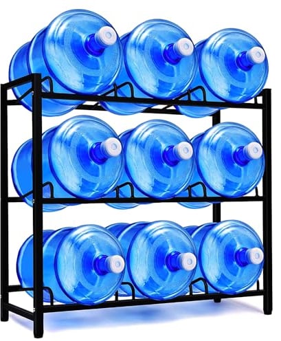 9-Tray Water Jug Rack, Storage 5 Gallon Water Cooler Bottle Holder Stand, 3-Tier Heavy Duty Carbon Steel 5 Gal Water Bottle Organizer for Home, Office, Kitchen, Warehouse, Black