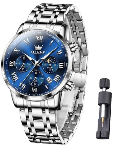 Raitown Uhr Herren Edelstahl Chronograph Mondphase Wasserdicht Analog Quarz Armbanduhren Stylisch Klassisch Armbanduhr für Männ Herr Uhr Silber Blau