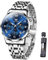 Raitown Uhr Herren Edelstahl Chronograph Mondphase Wasserdicht Analog Quarz Armbanduhren Stylisch Klassisch Armbanduhr für Männ Herr Uhr Silber Blau