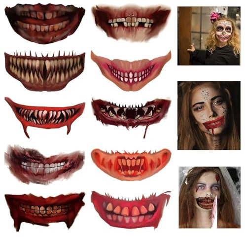 10 Fogli Tatuaggi Cicatrici Halloween, Tatuaggio della Bocca di Halloween Tatuaggi Halloween Bocca Finte Halloween Zombie Scars Tatuaggi Adesivi per Horror Halloween Carnevale Viso Make Up
