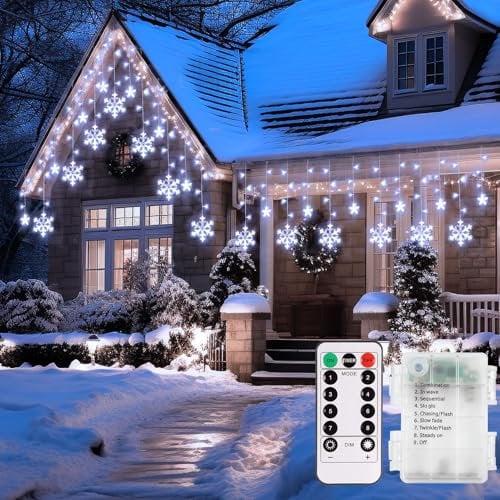 echosari Christmas Window Lights Battery Powered, 144 LED 12 Snowflake Curtain Lights with Remote Timer for Xmas Bedroom Party Terrace Rooftop Window Decor