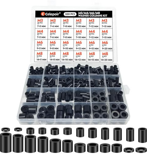 Celepoir 320 Pezzi ABS Plastica Distanziatori Rotondo 24 Dimensioni, Nera Rondelle Plastica M3 M4 M6 M8, Isolanti Distanziatore, Non Filettate Distanziali per Collegamento di Circuiti Stampati