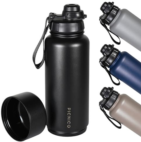 Picnico® Edelstahl Trinkflasche 1 Liter | auslaufsicher & BPA frei | Outdoor Sport und Fitness | abdrehbarer Stauraum | 32oz + 8oz | Thermosflasche 1000ml | Thermobecher | 24h kalt & 12h warm