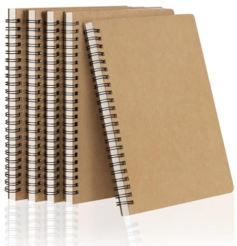 hzbaiyi 5 Pack A5 Lined Notebook 120 Pages 60 Sheets Kraft Cover Wirebound Notebooks Bulk Journals 8mm Lines Spiral Notebook for School Study Office Business Use
