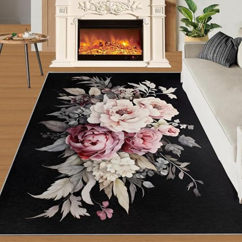 SANSJI Teppich mit Vintage-Blumenmuster, 152 x 228 cm, rustikaler Retro-Teppich für den Eingangsbereich, Aquarell-Blume, Küchenteppich, rutschfest, waschbar, Pfingstrosen-Rose, pflegeleichter