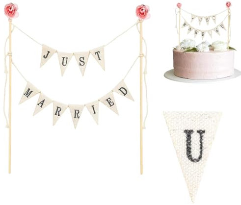 ZORVUJI Hochzeit Cake Topper Just Married – Vintage Tortendeko Hochzeitstorte Deko Wimpelkette Mini Handgefertigt mit Holzstab und Rosa Blume