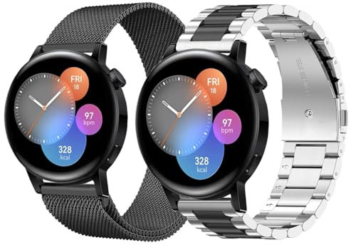Bracelet Compatible avec Huawei Watch GT3/GT2 42mm/GT3 Pro 43mm Métal Bracelets, Acier Inoxydable Bande Maille Bracelets de Remplacement pour Homme Femme, Noir/Argent