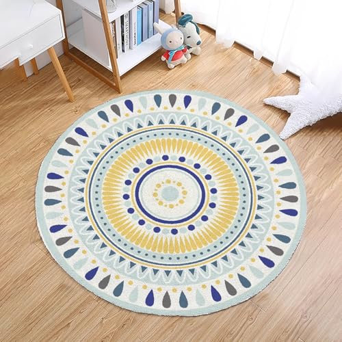 YATOLA Alfombras Redonda Alfombra Habitación Lavable Antideslizante Muy Suave para Salón o Dormitorio, Esponjosa de Cama Infantil Lavable Bebe Niña Niño De Juego Amor Bohemia (Azul Amarillo, 80x80cm)