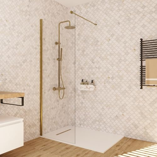 BAIKAL Mampara de Ducha. Panel Fijo de 80cm. Perfil Oro Mate. Cristal Transparente Templado 8mm de espesor. Tratamiento Antical. Alto 195 cm. Brazo adaptable 60-100cm.