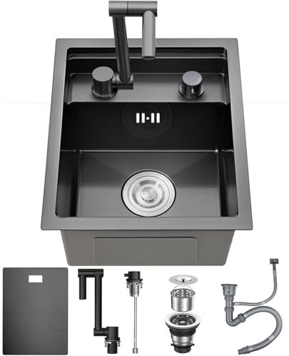 Ribanedy negro oculto fregadero cocina 1 seno, 35x45 cm, fregadero de acero inoxidable tipo undermount para bar/fregadero camper para camping y espacios pequeños