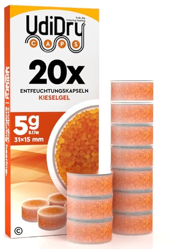 20 Trocknungskapseln für Hörgeräte UdiDry Caps Universal Kieselgel 5g 31mm Trockenkapseln für Hörgeräte - Trockentabletten mit Farbindikator zur Pflege und Trocknung von Hörgeräten