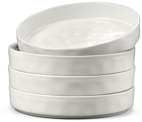 Herogo Pasta Blows Set of 4, 30oz Stoneware Salad Bowl, Speckled White | Reactive Glaze Serving Bowl for Noodle Soup Fruit, Microwave and Dishwasher Safe, Chip and Scratch Resistant, Deep Edge, 21cm