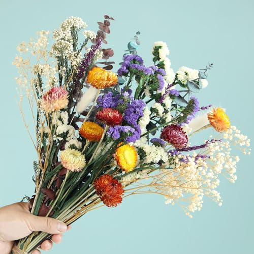 Natural Dried Flower Bouquet, 17 Rustic Boho for Fall Wedding Centerpiece | Real Eucalyptus, Strawflower, Lavender, DIY Floral Crafts, Autumn Table Vase, Dried Wildflowers, Home Party Farmhouse Decor