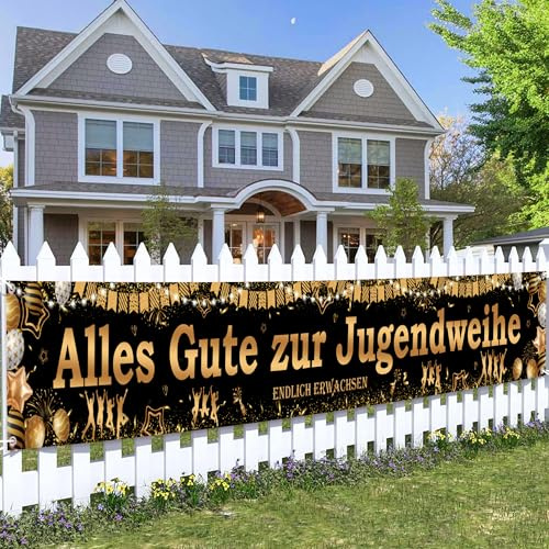 Jugendweihe Deko Banner Junge Mädchen - Schwarz Gold Alles Gute zur Jugendweihe Hintergrund (274 x 37 cm), Endlich Erwachsen Dekorationen Stoff Partybanner