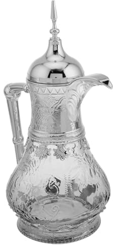 VERDANVERSE Pichet à Eau en Verre 1,6 L Style Moyen-oriental Argenté, Grand Pichet à Boissons Froides et Chaudes Bec Verseur, Carafe à Thé Glacé pour Service Maison et Événements Sociaux