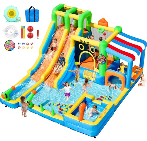 Château Gonflable Grand avec 2 Toboggans d’Eau pour Enfants, Parc Aquatique Gonflable avec Trampoline, Piscine, Panier de Basket et Mur d’Escalade, Usage Intérieur et Extérieur 445 x 403 x 200 cm