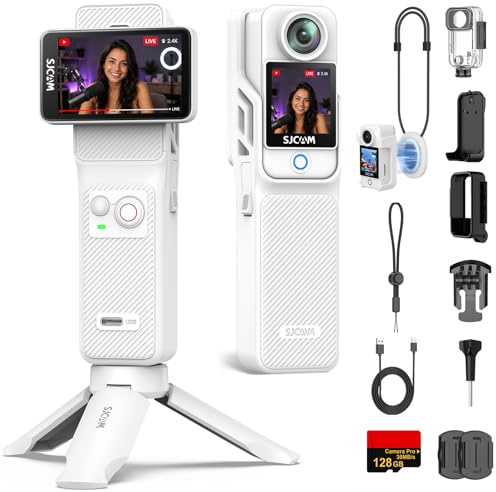SJCAM C400 Vlogging Creator Combo,128GB Card,4K Pocket Handheld Camera | 7H Power,6-Axis Stabilisation,Waterproof,2.29'' Touch Screen Travel Video Camera for Recording,Camcorder,White
