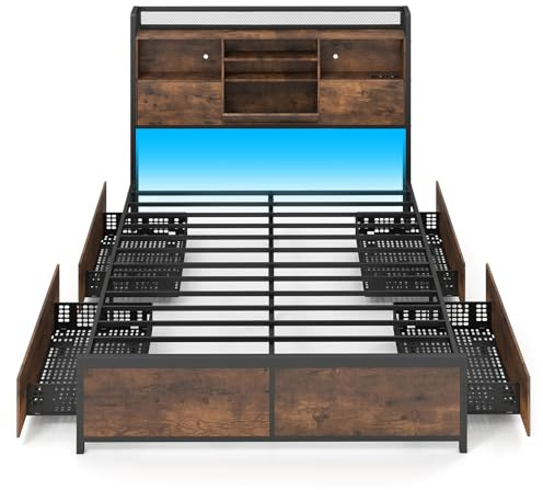 COSTWAY Bett mit LED Beleuchtung & Ladestation, Bettgestell mit Schubladen & mit Kopfteil, Metallbett industriell mit Lattenrost, Doppelbett ohne Matratze, Rustikal Braun (200 x 140 cm)