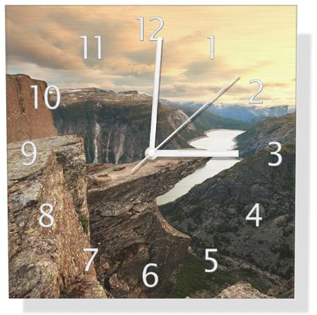 Wallario Design Wanduhr Felsvorsprung über Fjord aus Aluverbund, Alu-Uhr Größe 30 x 30 cm, weiße Zeiger mit Metalloptik