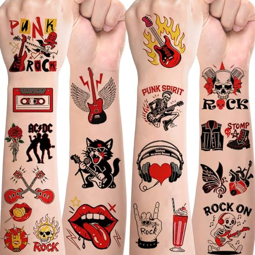 Rock and Roll Tattoos für Kinder,10 Blätter Rock Band Punk Kindertattoos Hautfreundlich Set Temporäre Tattoos Sticker,Mitgebsel Kindergeburtstag Geschenke Party Deko Musikfestival Deko Fake Tattoos