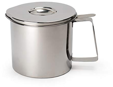 RSVP International Endurance Stainless Steel Fryer’s Friend Pot Can, 4 Cup | for Cooking Oil, Fats, Olive Oils, Coconut Oil & More | Includes Mesh Strainer | Grease Storage | Dishwasher Safe