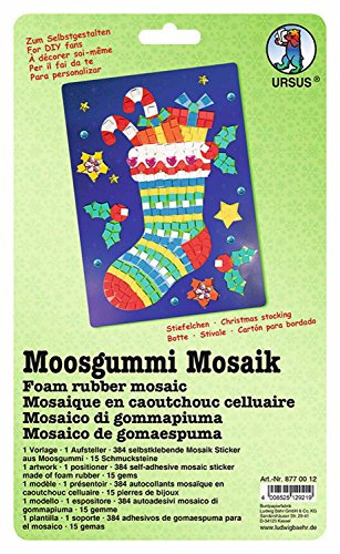 Ursus 8770012 - Moosgummi Mosaikbild, Stiefelchen, ca. 23 x 16 cm, Set mit vorgedrucktem Motiv, Aufsteller, 384 Moosgummi Sticker in 6 Farben und 15 Schmucksteine